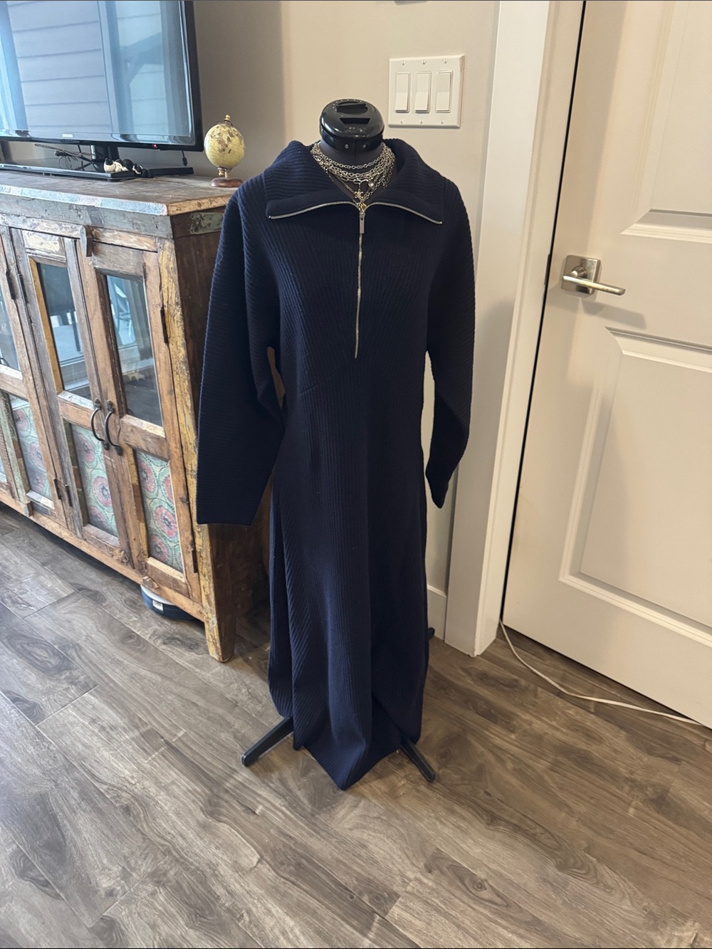 Jigsaw Navy Ribbed Zip-Front Maxi Dress (100% wool) - med (as is fuzzy)